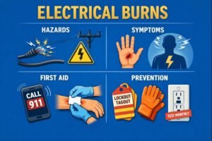 Electrical burns hazards, symptoms, aid, prevention
