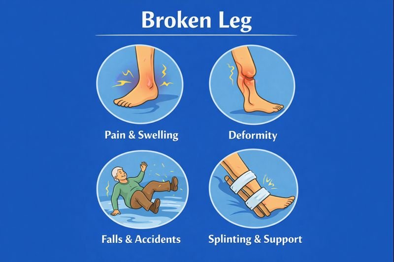 Infographic on broken leg care