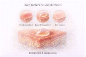 Burn blisters and skin healing stages