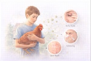 Boy with chicken and allergy symptoms