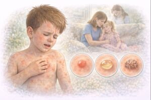 Boy with chickenpox and rash stages