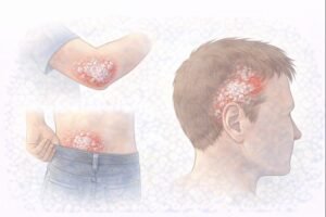 Psoriasis close-ups on skin areas