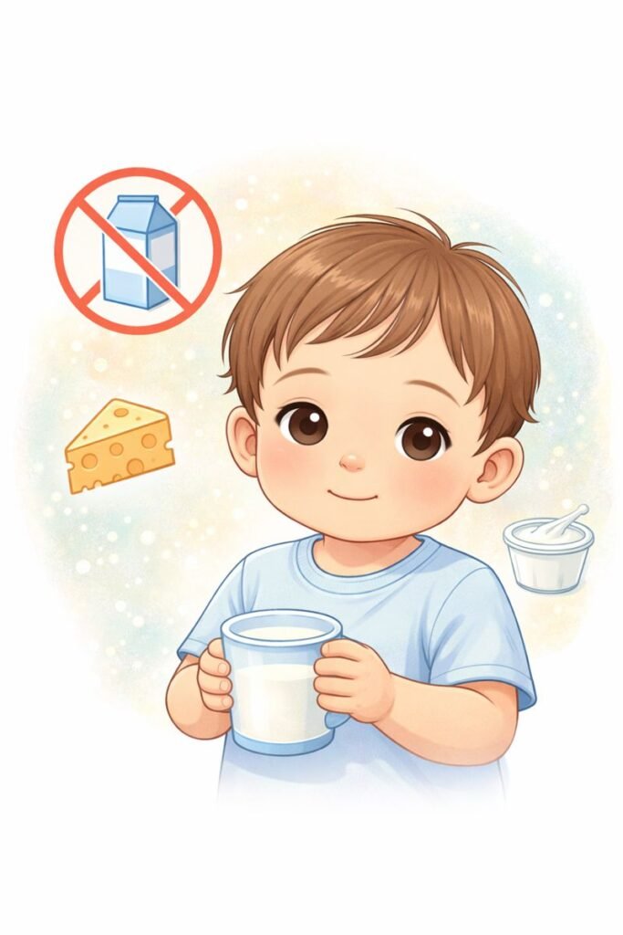 Toddler with milk and allergen warning